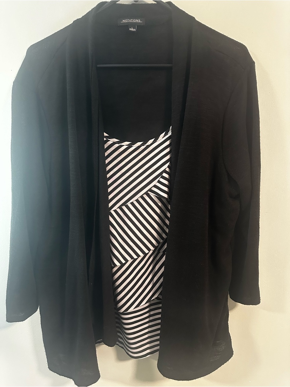 Notations Black Open-Front Cardigan with Striped Shell